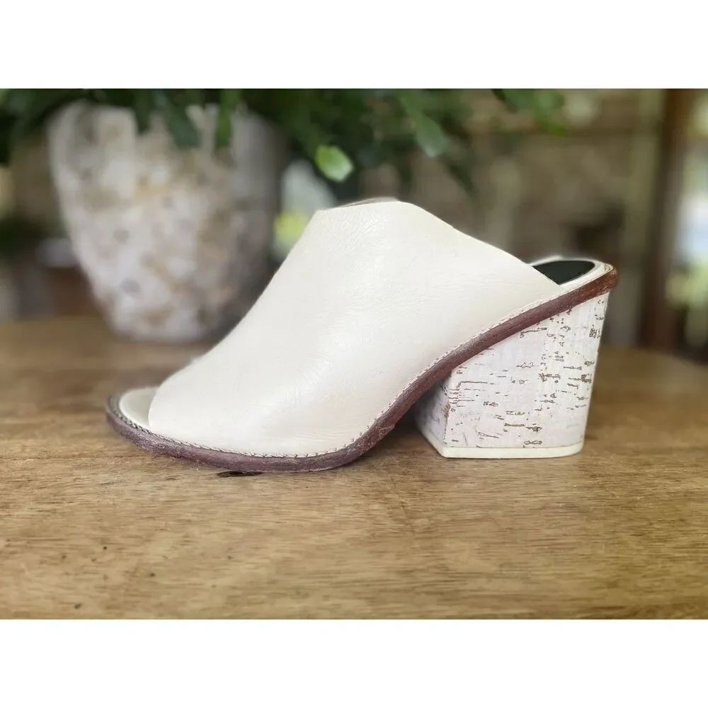 Tibi White Leather Open Toe Mules Cork Block Heel Sandals Size 39 US 8.5